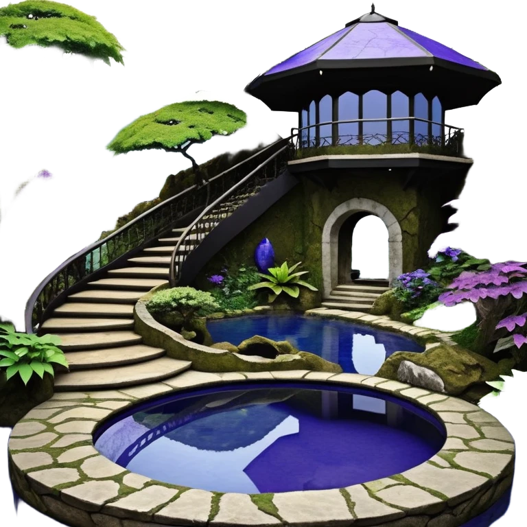 Alien saucer poolhouse jungle-vines winding narrow stairway fountain koi pond mountainside -island getaway nighttime landscape antique mudman very old broken cracked intricate Stone Age lapis-crusted irregular dodecagon-shaped shallow dark moss rough bark violet serissa flowered maple tree bonsai emoji