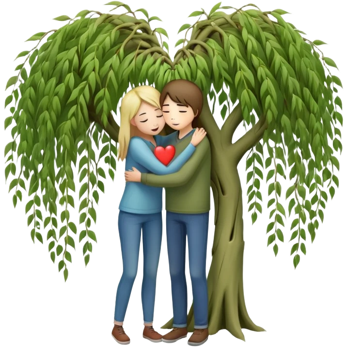 heart-shaped weeping willow tree with two people inside giving each other a supportive, caring hug, like close friends comforting each other, with a small heart above them emoji