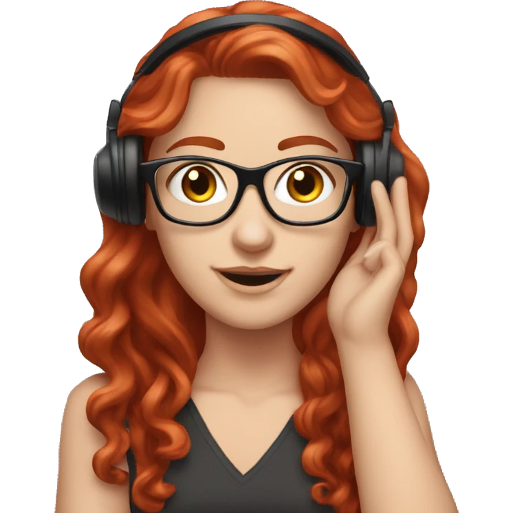 White girl Tipping Hand, with long red red wavy hair, square glasses, wearing headset emoji