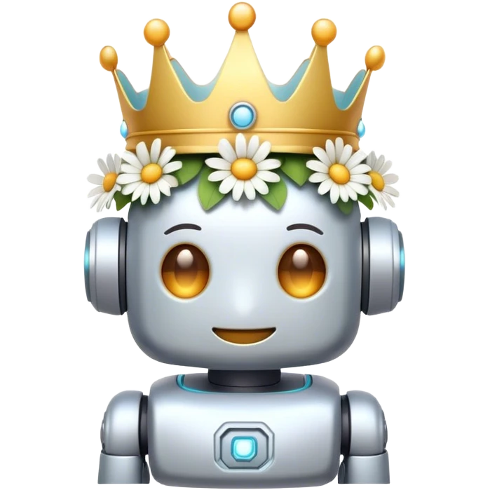 "Create a soft pastel emoji of a cute robot with a gentle smile, wearing a crown of daisies (or cherry blossoms) on its head. Add soft, glowing eyes and a warm, friendly vibe." 🌸✨ emoji