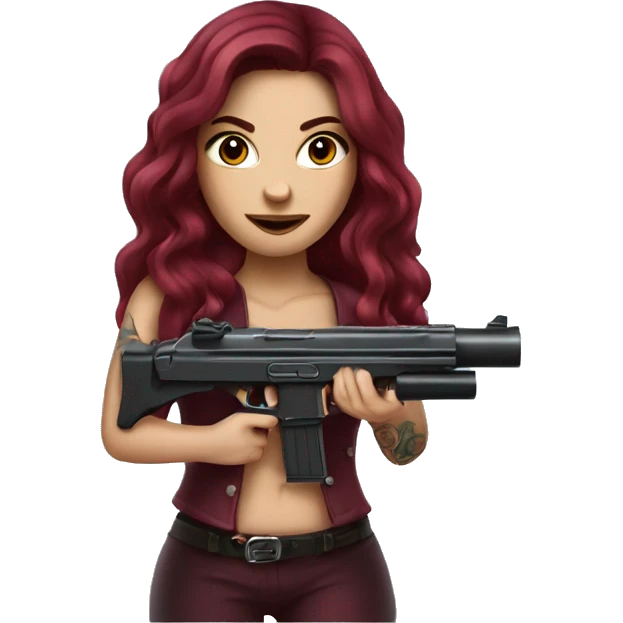 Beautiful tattooed burgundy long haired woman shooting a gun emoji
