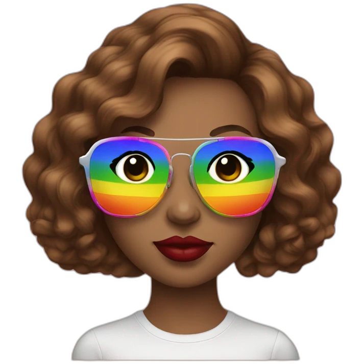 gay pride sunglasses on female head with wavy brown hair and rainbow lipstick emoji