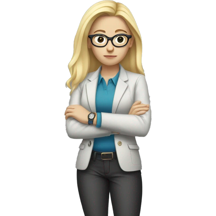 girl with white skin in a office jacket 
and glasses, blond hair, serious face, looking at her watch
 emoji