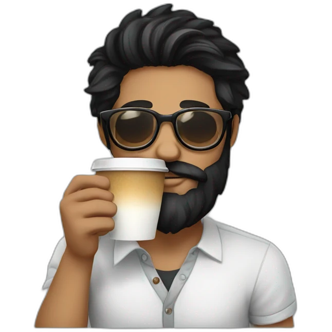 Hipster with black hair, beard and glasses drinking cappuccino   emoji