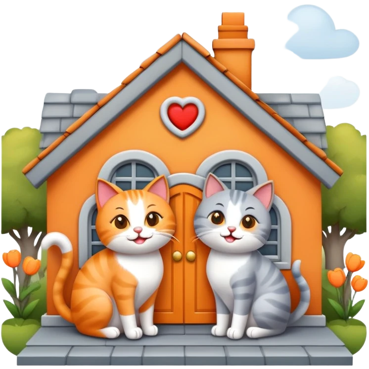 two happy cats in love, orange and gray cats, with a house behind them that has a bow on the roof, emoji style emoji