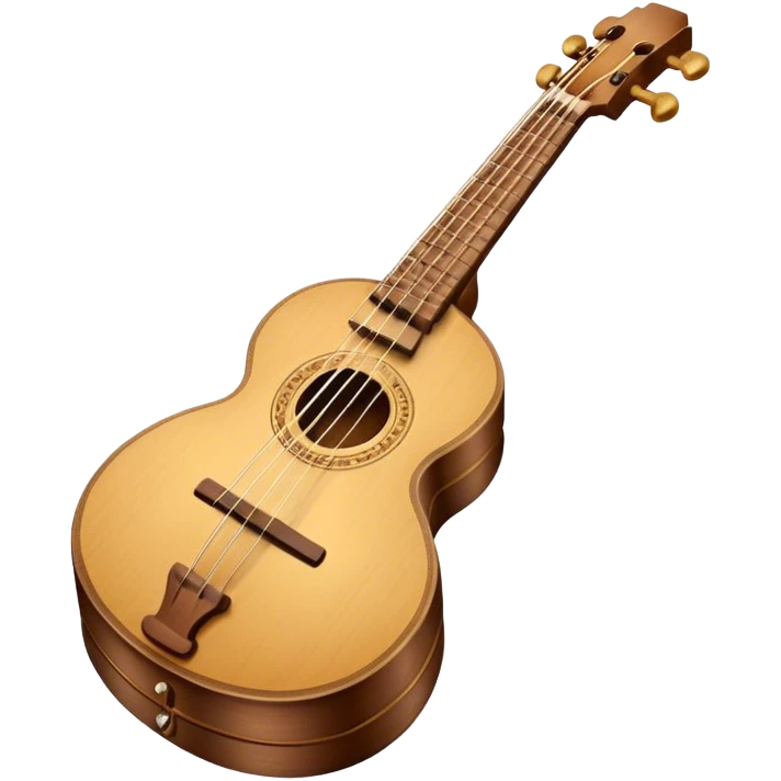 Create an elegant and traditional emoji representing a domra. The design should feature the round, wooden body of the domra with its distinct three or four strings. Include delicate details like the tuning pegs, the fingerboard, and the bridge. The wood of the domra should have a rich, warm tone, and the strings should be subtly highlighted to show their importance. Add a small musical note or two floating around to evoke the folk music it is used for. Use earthy tones like brown and gold to emphasize its classic, rustic feel. The background should be transparent. emoji