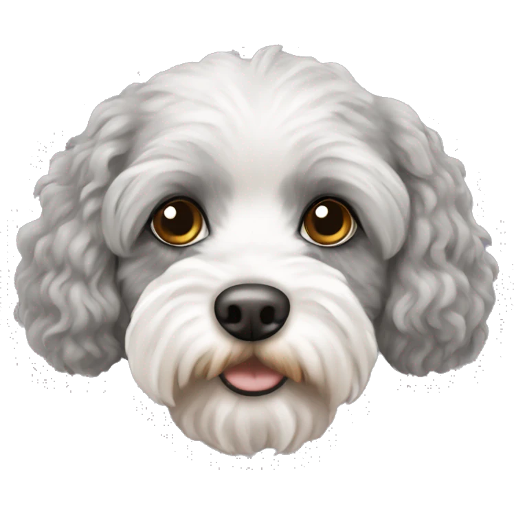 Grey and white cavapoo with brown nose emoji