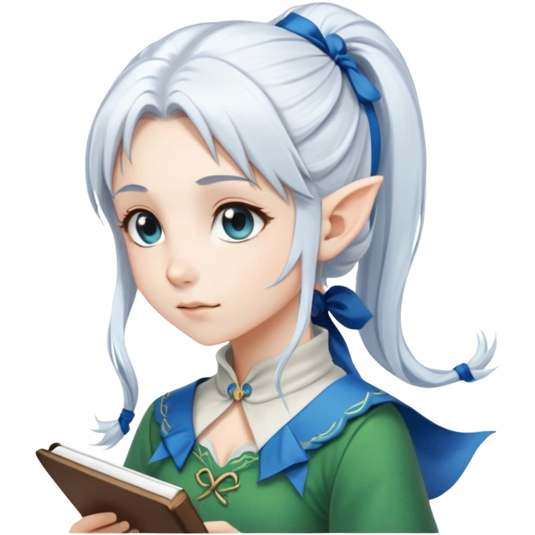 Anime style. A young elf girl with white hair worn in a ponytail held by an azure ribbon. She is taking notes. emoji