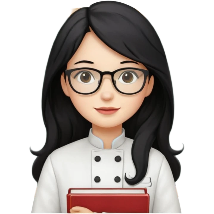 Profesora de pastelería, piel blanca con gafas y pelo negro largo y con una pizarra detrás y libros emoji