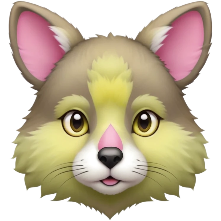 Round head with fluffy fur. Large greenish-yellow eyes with a dark outline. White muzzle and cheeks, pink nose. Gray and light brown fur on the forehead, blending into the ears. Triangular ears with pink inside. emoji