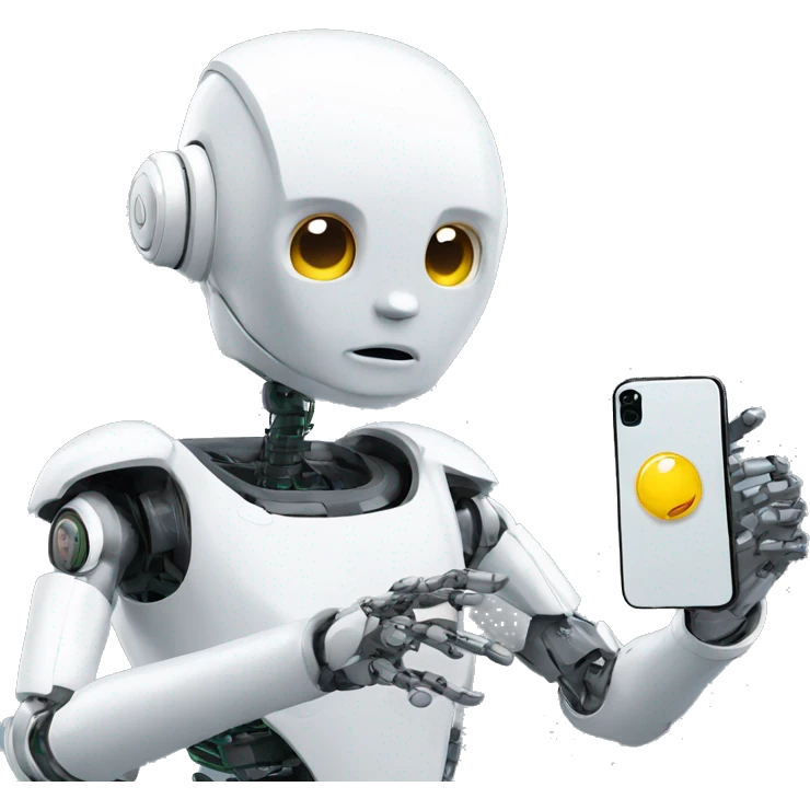 a humanoid robot looking at his iphone emoji