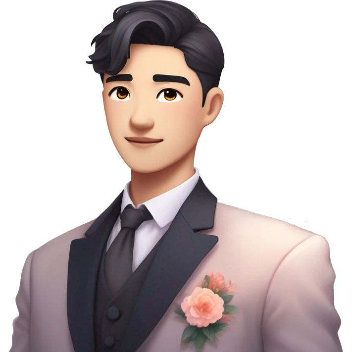 Gorgeous romantic anime style Asian formal modern gentlemanly guy with flowers and blushing face aesthetic trending style outside with colorful gradient colors emoji