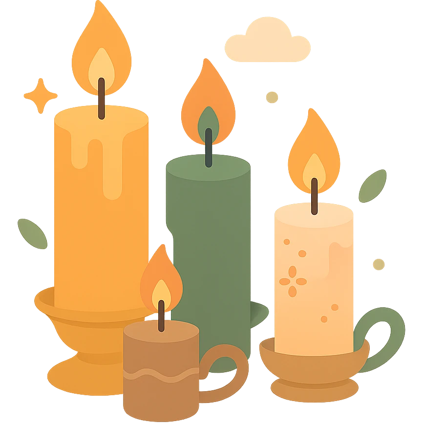 Several cute, glowing candles with flickering flames, set in a cozy and magical atmosphere, designed in a soft color palette: golden orange (FA9B41), deep forest green (4A7C5C), warm taupe brown (96775A), and pastel peach (FFCC9A). The candles are in delicate, slightly vintage holders, with the flames casting a gentle, warm glow. The wax is in shades of golden orange and peach, with subtle gradients, and small decorative patterns or tiny sparkles around them. The soft light from the candles creates a dreamy, enchanting ambiance, surrounded by tiny floating leaves or soft mist. The overall mood is serene, inviting, and magical. emoji
