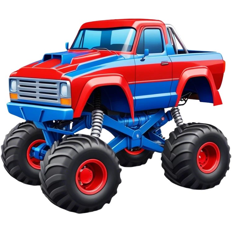 Avenger - Monster Jam (Model Year: 2021) (Iconic colour: Blue and red) - A dynamic monster truck with a split-color scheme: predominantly blue accented by bold red elements. Focus on strong, angular lines and vivid contrasting colors that evoke high energy and a futuristic, rebellious style. emoji