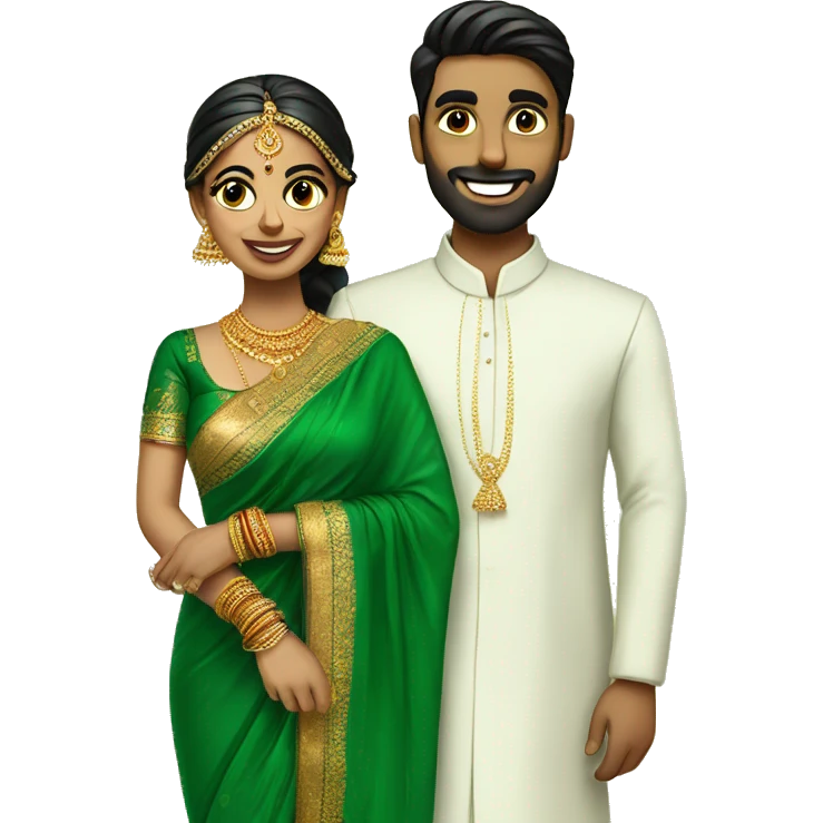 bride in green saree and groom in south indian dress emoji