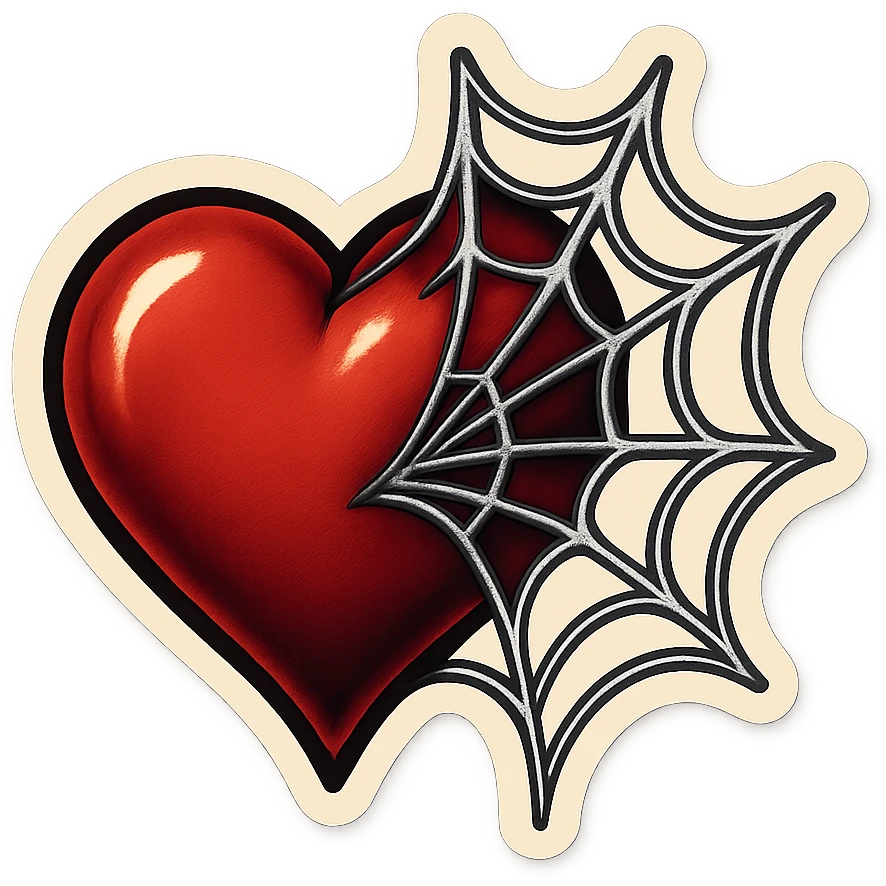 gothic heart with a spiderweb, retro stickers style emoji