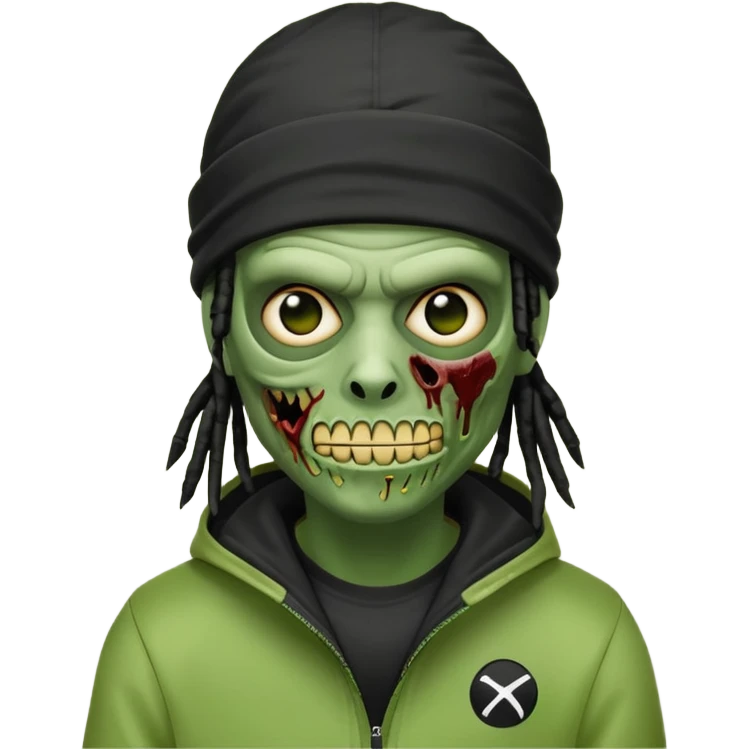 a zombie emoji with black dreads and a black nike jacket and black nike ski mask on his head emoji