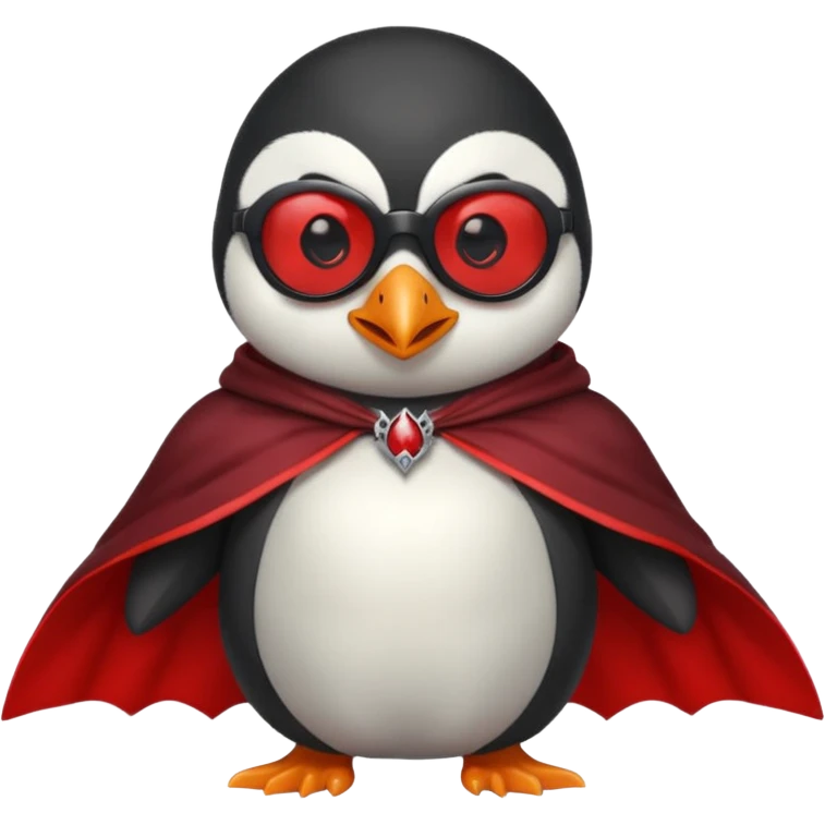 Vampire animal, penguin  in red collar cloak, red eye, fangs, sunglasses emoji