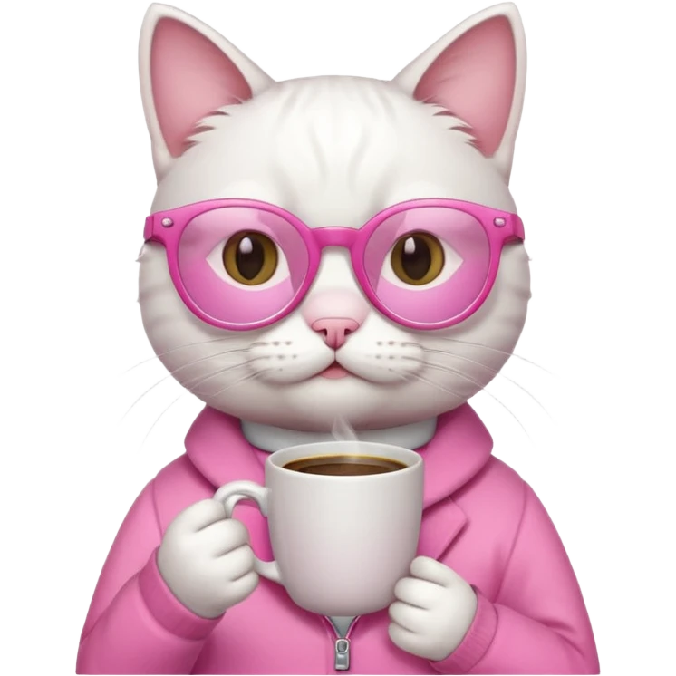 White cat, pink clothes and pink glasses, holding coffee mug emoji