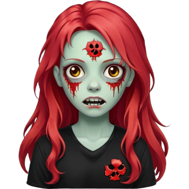 zombie girl with long red hair with black shirt that says lei emoji