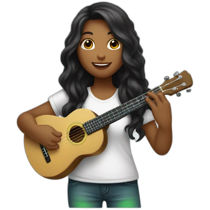 black-long-haired-fair-skin-girl-with-white-tshirt-playing-green-ukulele emoji