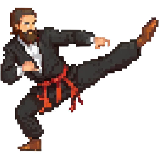 bearded man in a black suit, kung fu pose emoji
