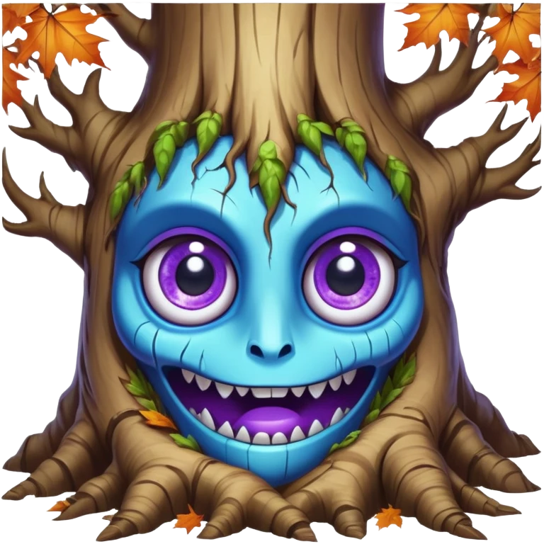 An ancient, psychic tree evolves by absorbing the essence of fallen autumn spirits, sprouting a radiant, maple-crowned face that channels both forest wisdom and fiery seasonal magic through its gnarled. Purple eyes, blue eyes sharp teeth, bark wood skin, heterochromatic eyes emoji