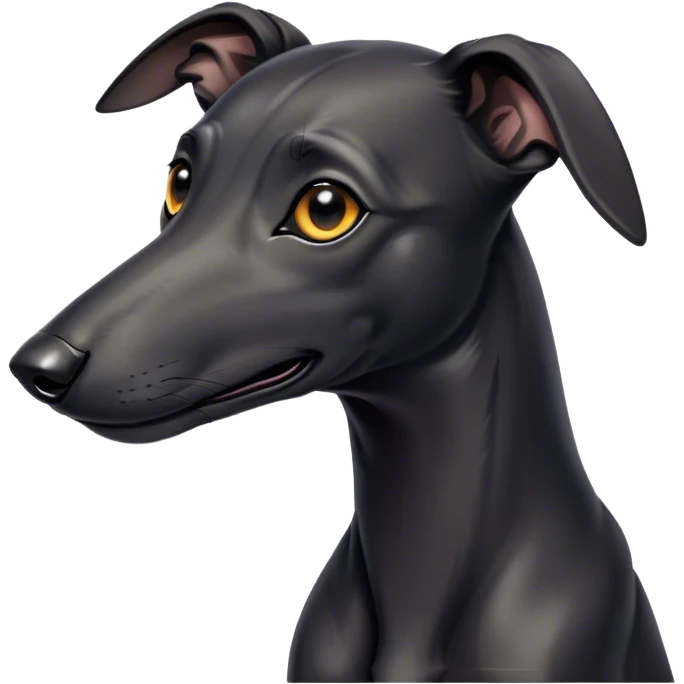 Cinematic Cute Black Greyhound Portrait Emoji, Head tilted playfully and inquisitively, featuring a smooth, shiny jet-black Fur and round, sparkling dark eyes filled with curiosity, Simplified yet irresistibly adorable features, highly detailed, glowing with a warm, friendly glow, high shine, affectionate and agile, stylized with a touch of whimsy, bright and endearing, soft glowing outline, capturing the essence of a mischievous yet loving racer, so playful it feels like it could dash out of the screen and into your arms! emoji