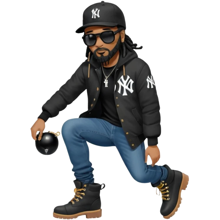 African American man with shoulder length black dreadlocks with black beard wearing black sunglasses wearing a black New York Yankees logo baseball cap wearing a black bubble winter coat wearing denim skinny jeans and timberland boots bending down tying up his shoes emoji