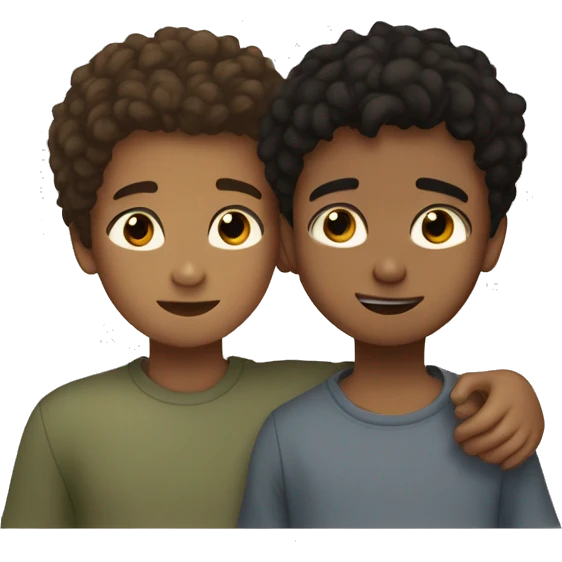 one young boy with tanned skin and black eyes and hair hugging another young boy with dark blonde hair and light brown eyes and freckles  emoji