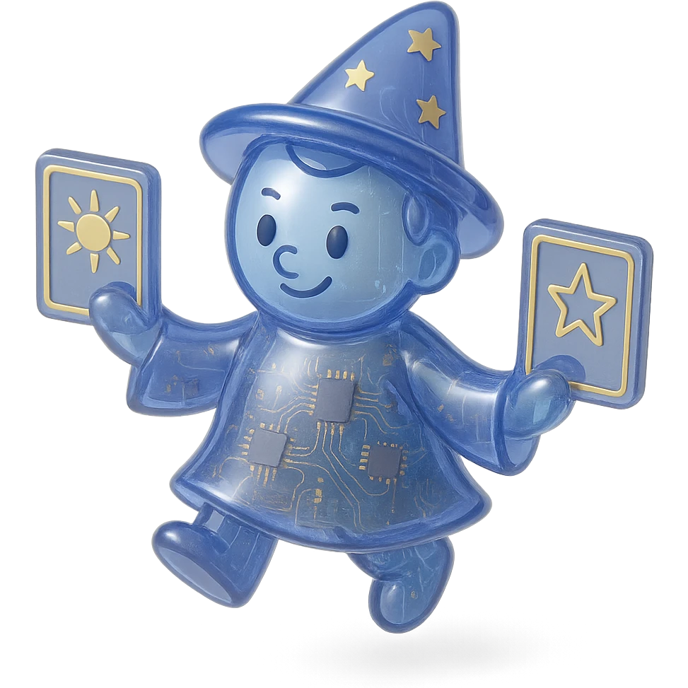 cartoon character with tarot cards emoji