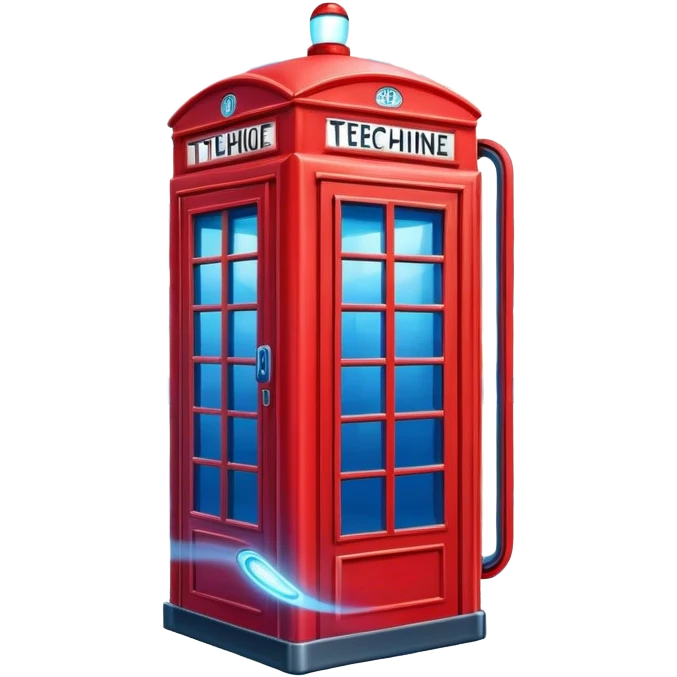 A red phone booth transformed into a time machine with glowing elements emoji