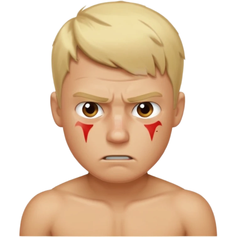 a blond guy with a short haircut, a tired and angry face, no shirt, with bruises under his eyes, and signs of beatings on his body emoji