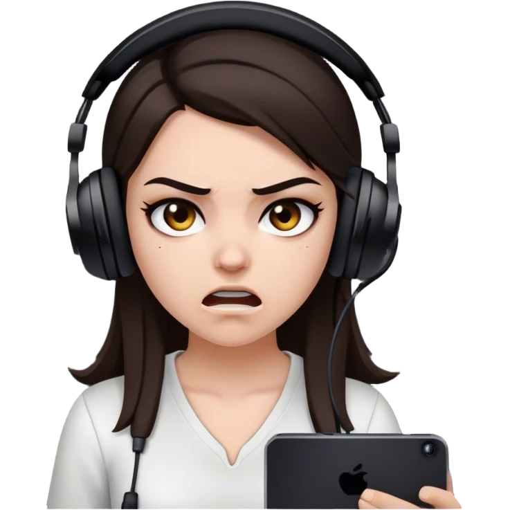 white girl with dark brown hair and a black gaming headset. she is angry at the game she is playing. emoji