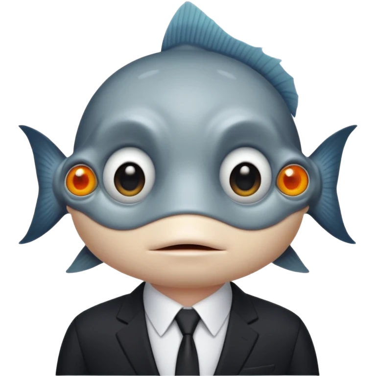 A fish man dressed in a black suit. Its face is grey fish. Just a fish. And The fish is facing upward. The fish’s neck connects smoothly with the collar of the suit. emoji