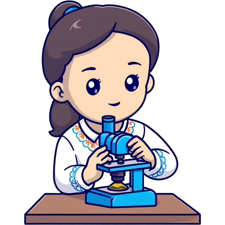 Ukrainian girl with dark hair in traditional embroidered shirt holding a microscope emoji