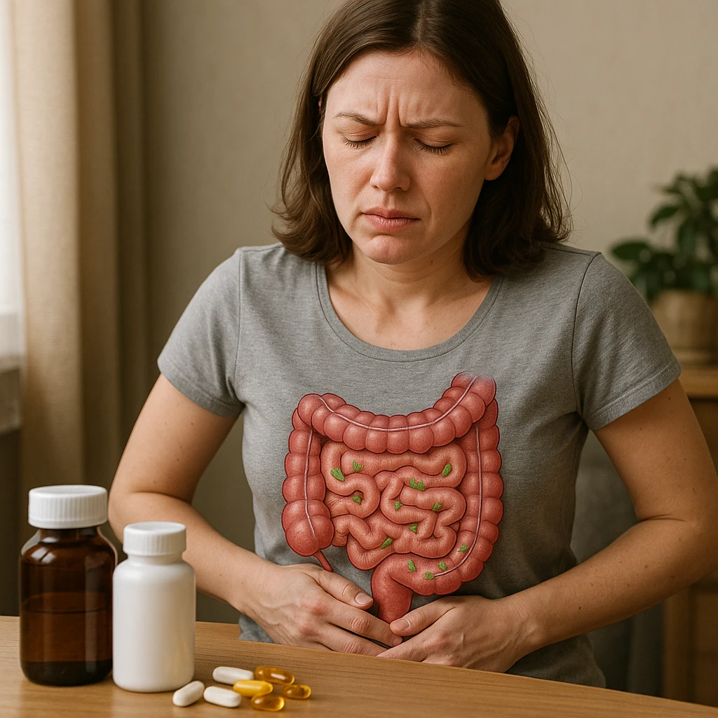 realistic style woman showing abdominal discomfort due to dysbiosis from wrong supplements, anatomical details, supplements on table, everyday atmosphere emoji
