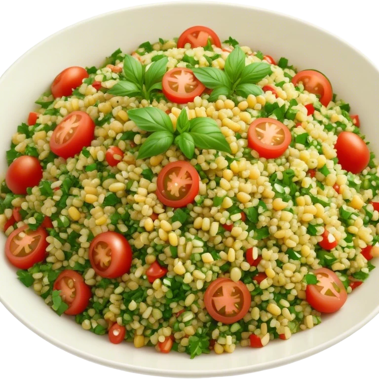 Cinematic Realistic Tabbouleh Salad Dish Emoji, showcasing a fresh herbaceous salad with bulgur, tomatoes, and parsley rendered with crisp textures and natural, vibrant lighting. emoji