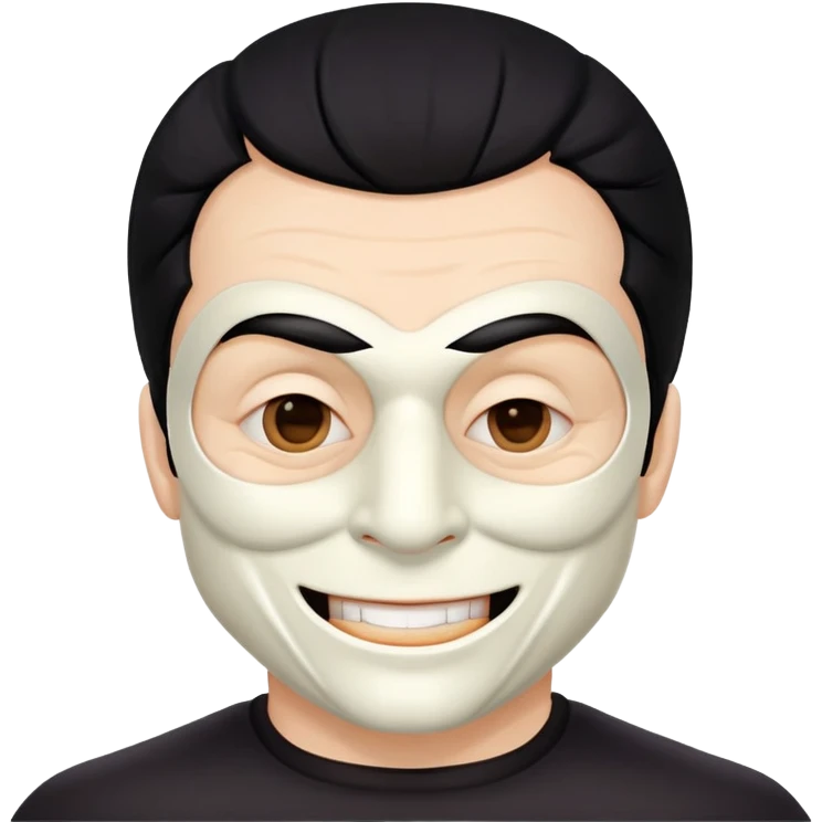 full face masked man, evil, serial killer, creepy, black hair, older, shoulders, smiling emoji