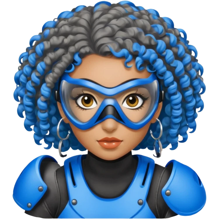 blue curly haired paintball playergirl with huge earrings, wearing paintball mask emoji