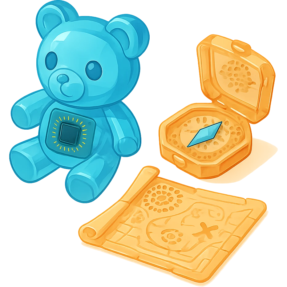 A pirate compass and map with translucent design showing internal gears and circuit patterns, in an isometric 3D style emoji