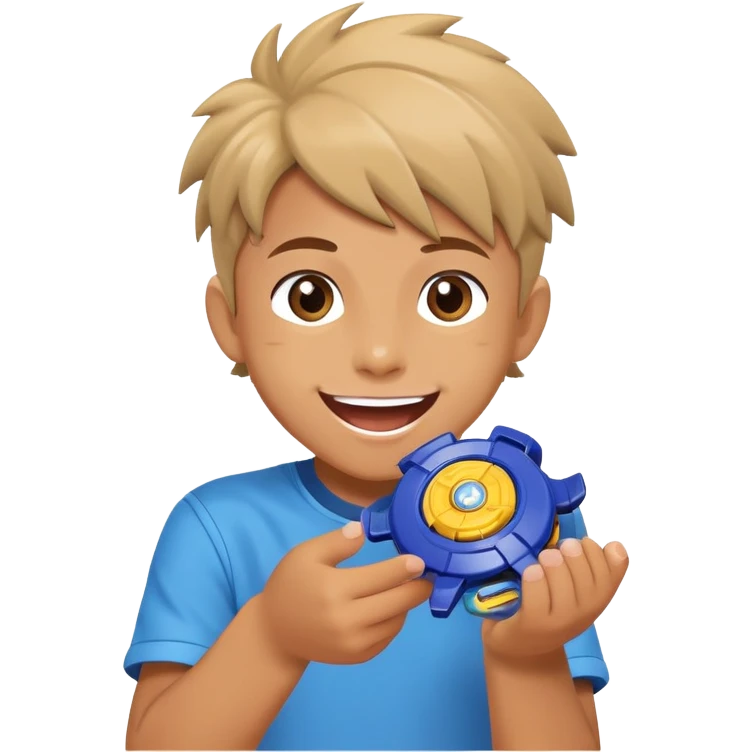 excited child holding a beyblade spinning top toy, happy face emoji