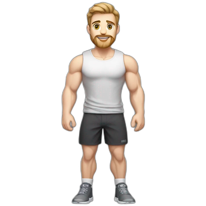 Full height Pale skinned fit man With biceps, Realistic eyes and mouth, light brown hair and stubble In dark gray sleeveless mike, black oversize sports shorts, watch and white sneakers. emoji