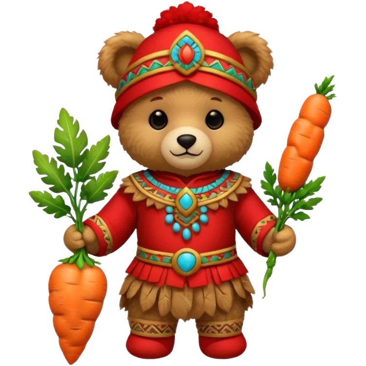 teddy bear, wearing red mayan ancient custome, with carrot emoji