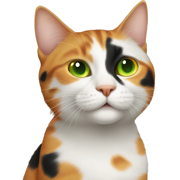 a cat with orange black and white spots with green eyes and a orange cat with yellow eyes playing with each other  emoji