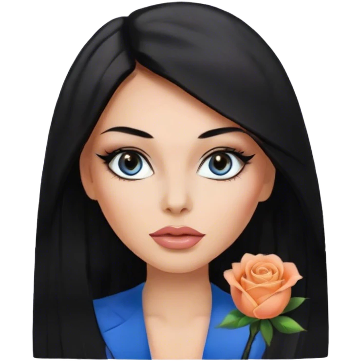 Glamours, tanned, very beautiful girl, with big pump peach-beige-rose lips, eyeliner, long long lashes, black straight smooth silky long hair, straight parting hair, blue-grey eyes in black clothes emoji