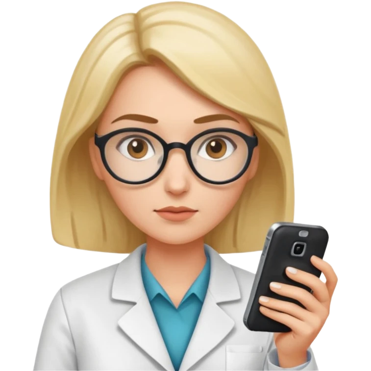 científica mujer viendo un celular emoji