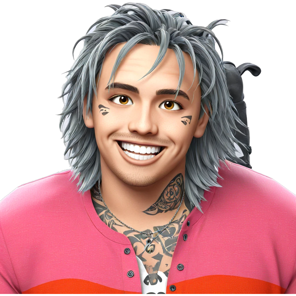 smiling boy with tattoo emoji