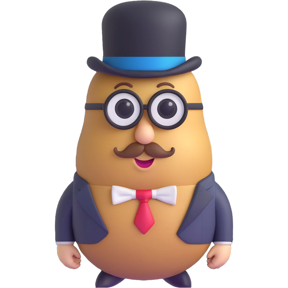 realistic potato with monocle, suit, and top hat, memoji-inspired, clearly a potato and not a person, presidential candidate emoji