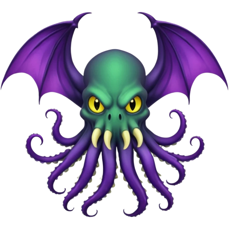 deep green Cthulhu with purple bat wings and purple gradient tentacles. Yellow angry eyes. yellow suckers on tentacles. dramatic ominous shading. two saber-teeth emoji
